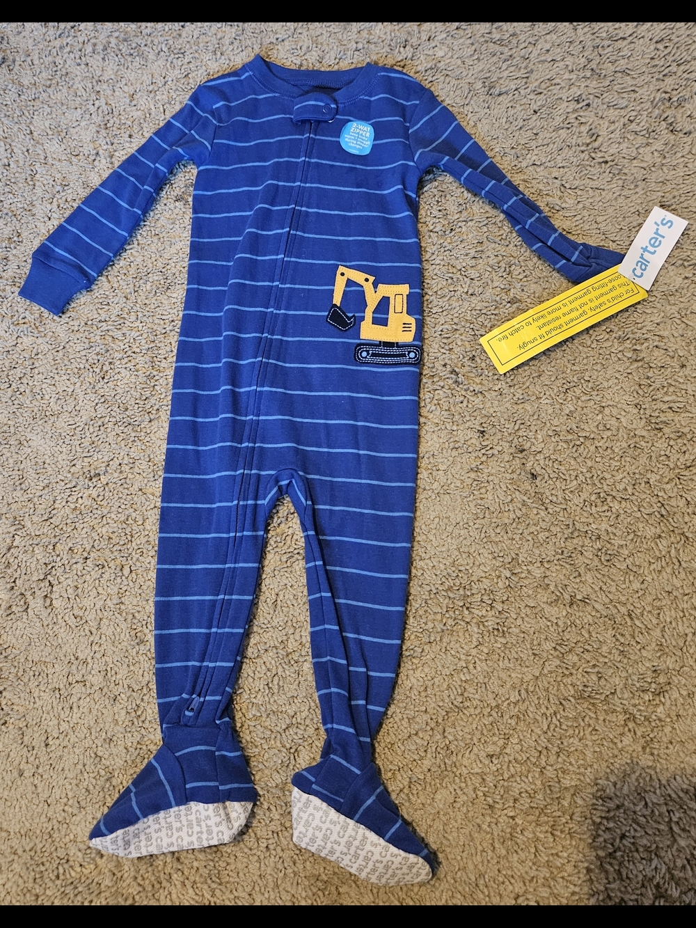 Carter's Blue Striped Footed One-Piece with Excavator Graphic